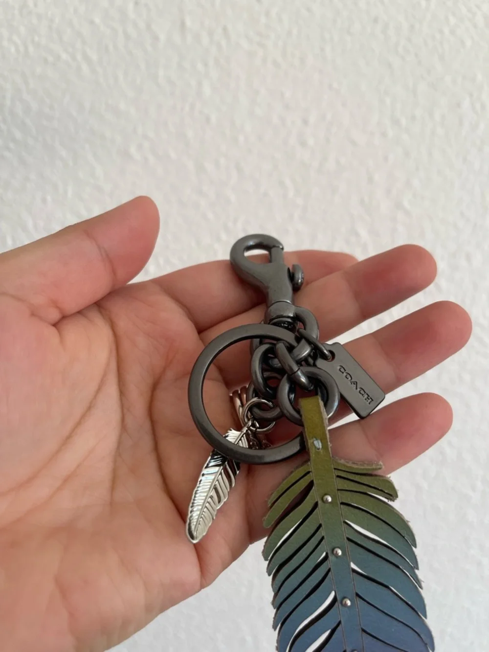 Coach Ombre Feather Key Charm in Green Blue Purple Pink - Picture 5 of 5